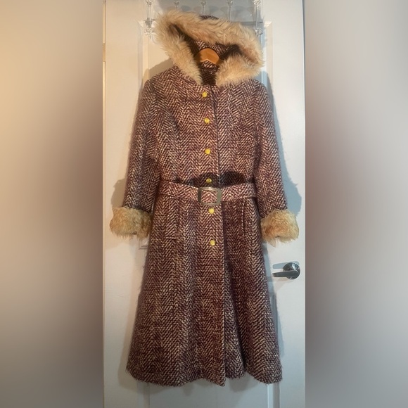 J. Howard Jackets & Blazers - Fur Trimmed 1971 Long and Heavy Purple and Cream Tweed Coat with Gold Buttons